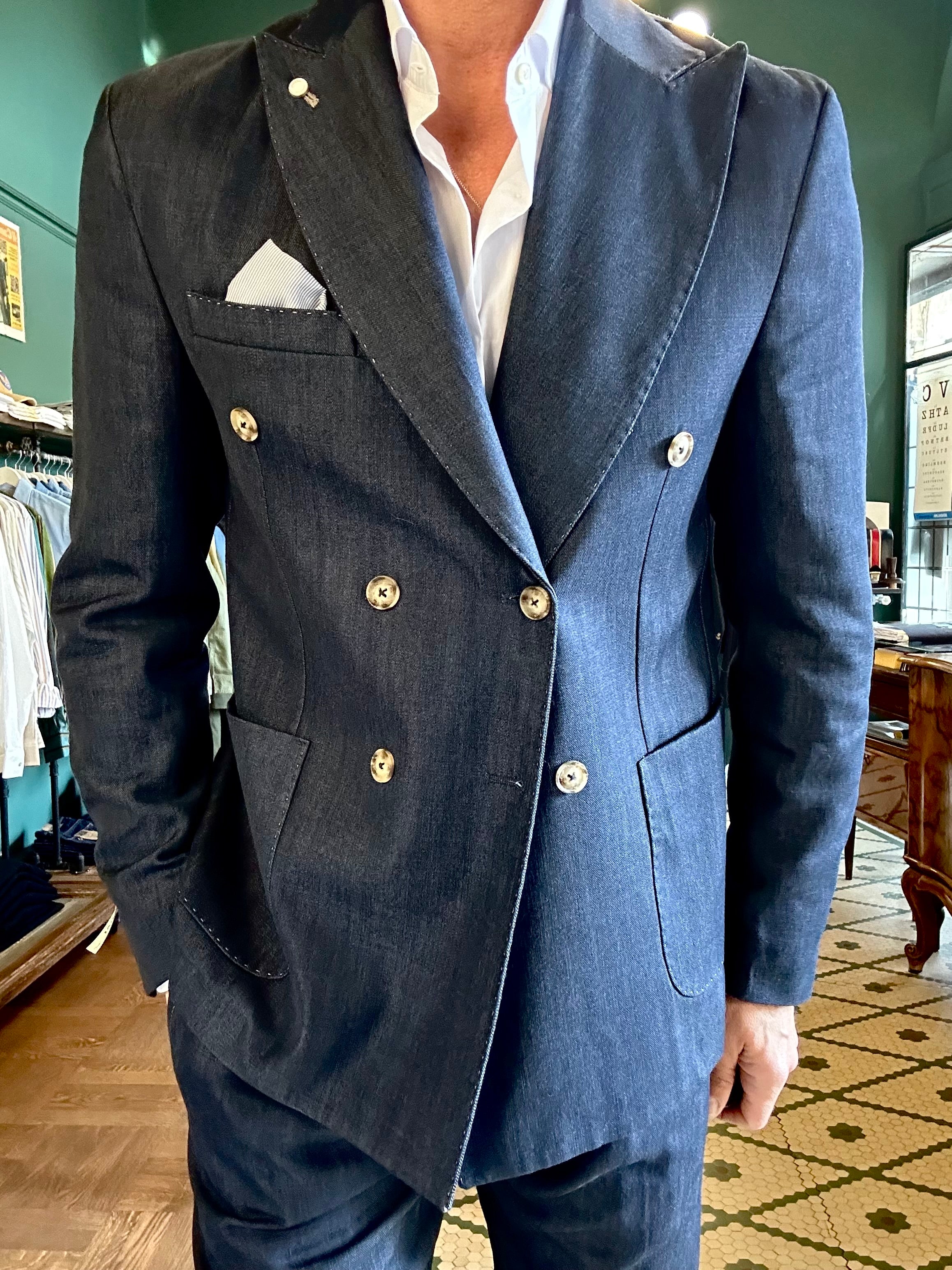 Double-breasted denim jacket