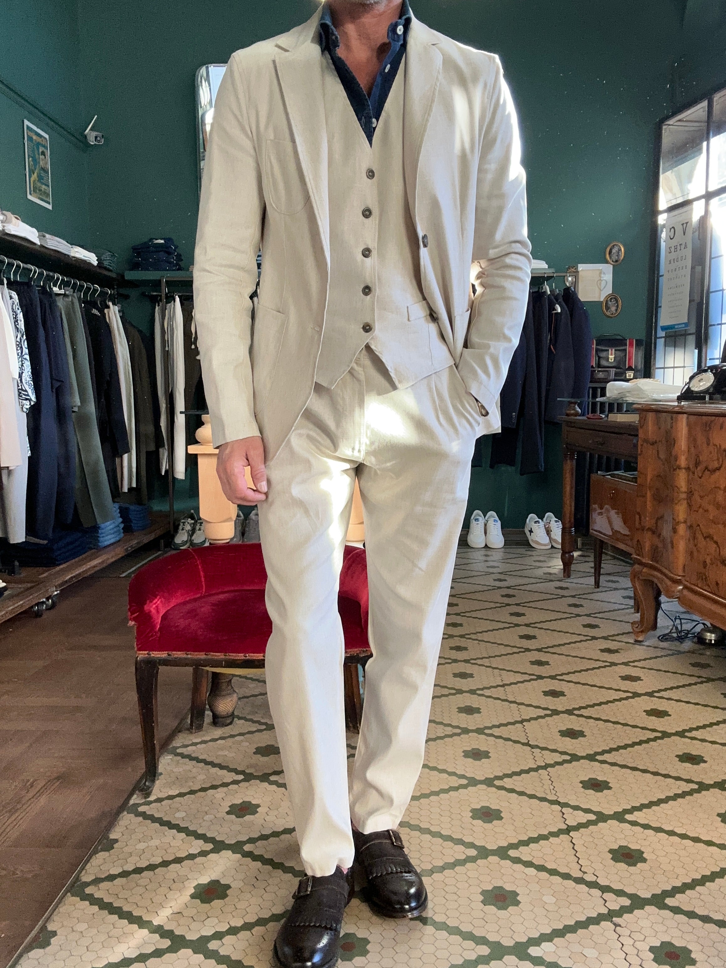 Pantaloni misto lino tessuto fiammato