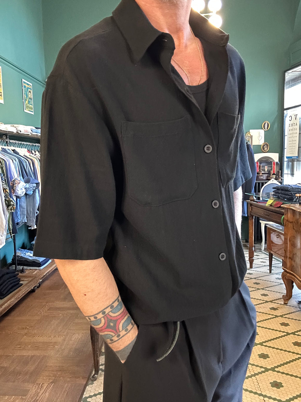 Oversized short-sleeve linen blend shirt