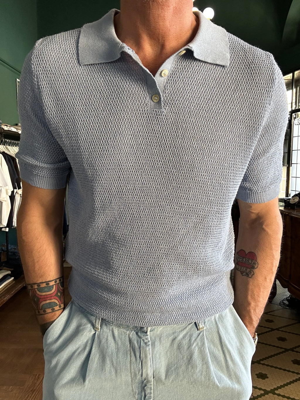 Piqué-effect knit polo shirt