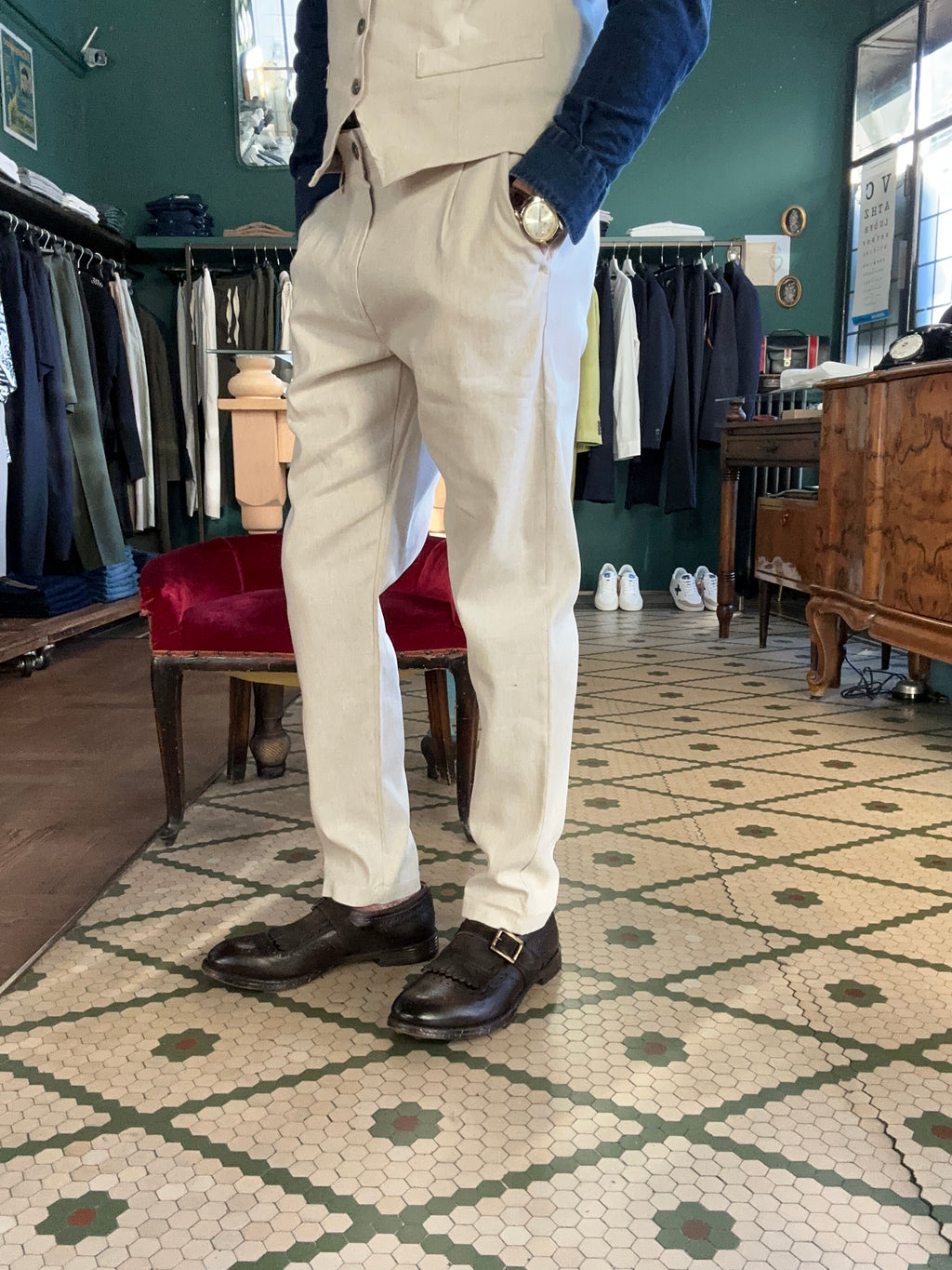 Pantaloni misto lino tessuto fiammato