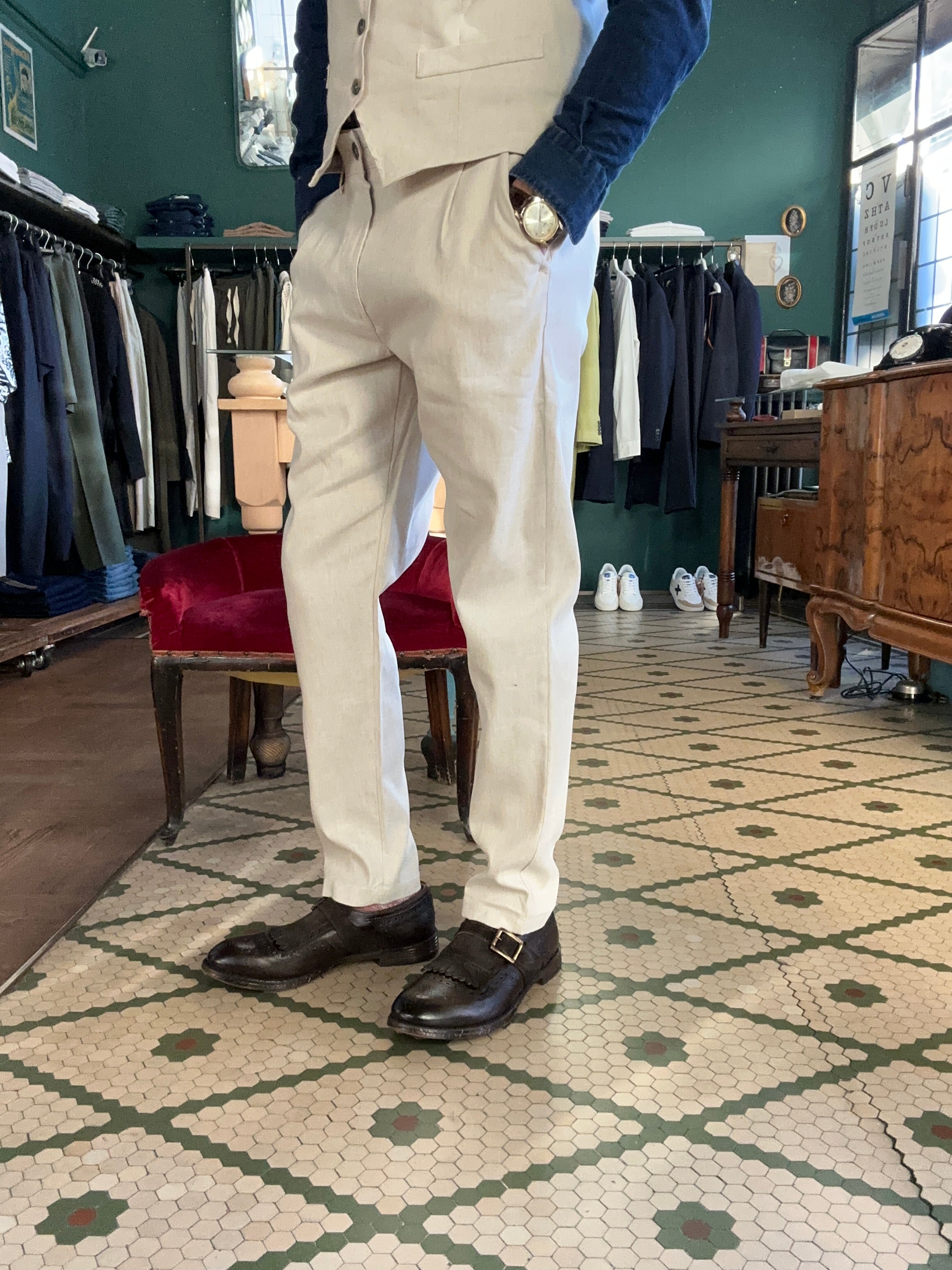 Pantaloni misto lino tessuto fiammato