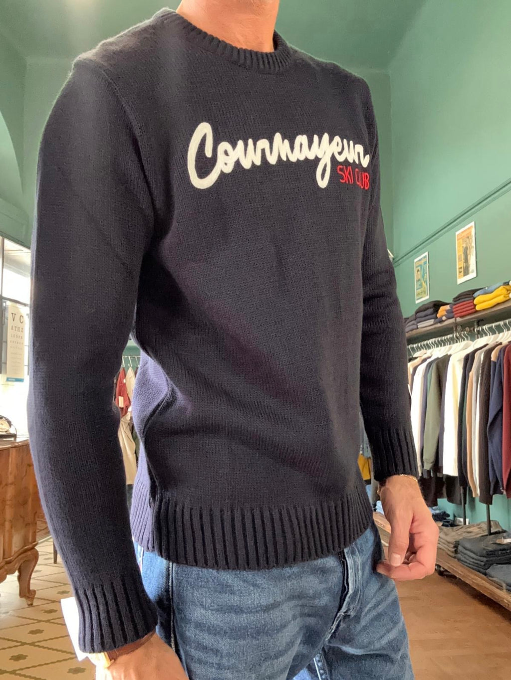 Maglione girocollo "Courmayeur ski club" blu