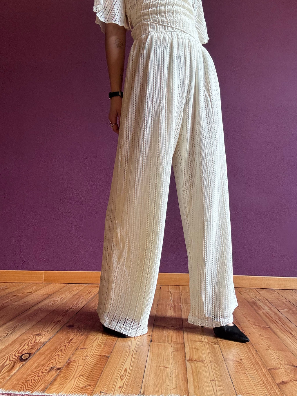 Crochet trousers with elasticated waist