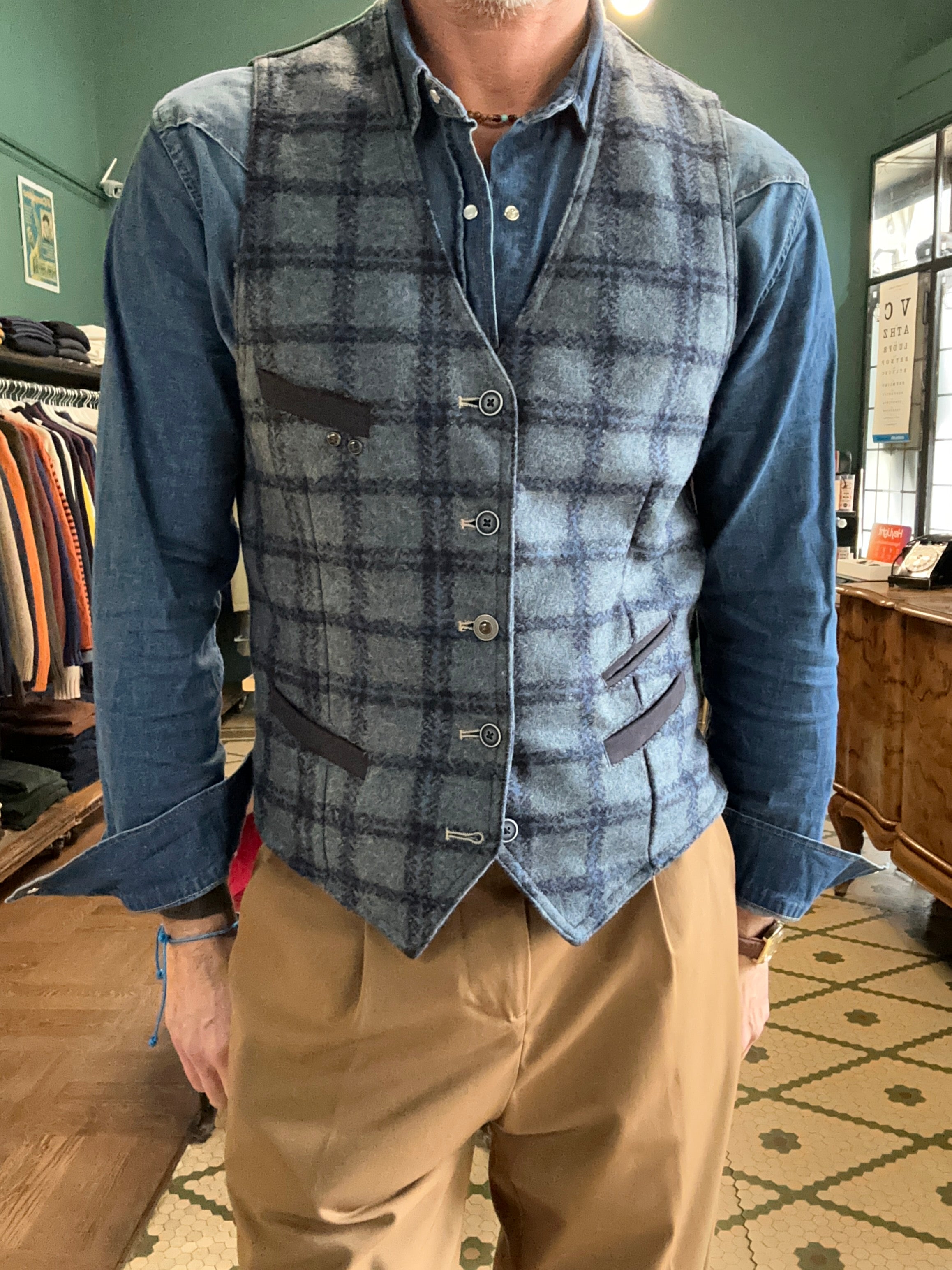 Gilet Garry’s earth in panno lana blu a quadri