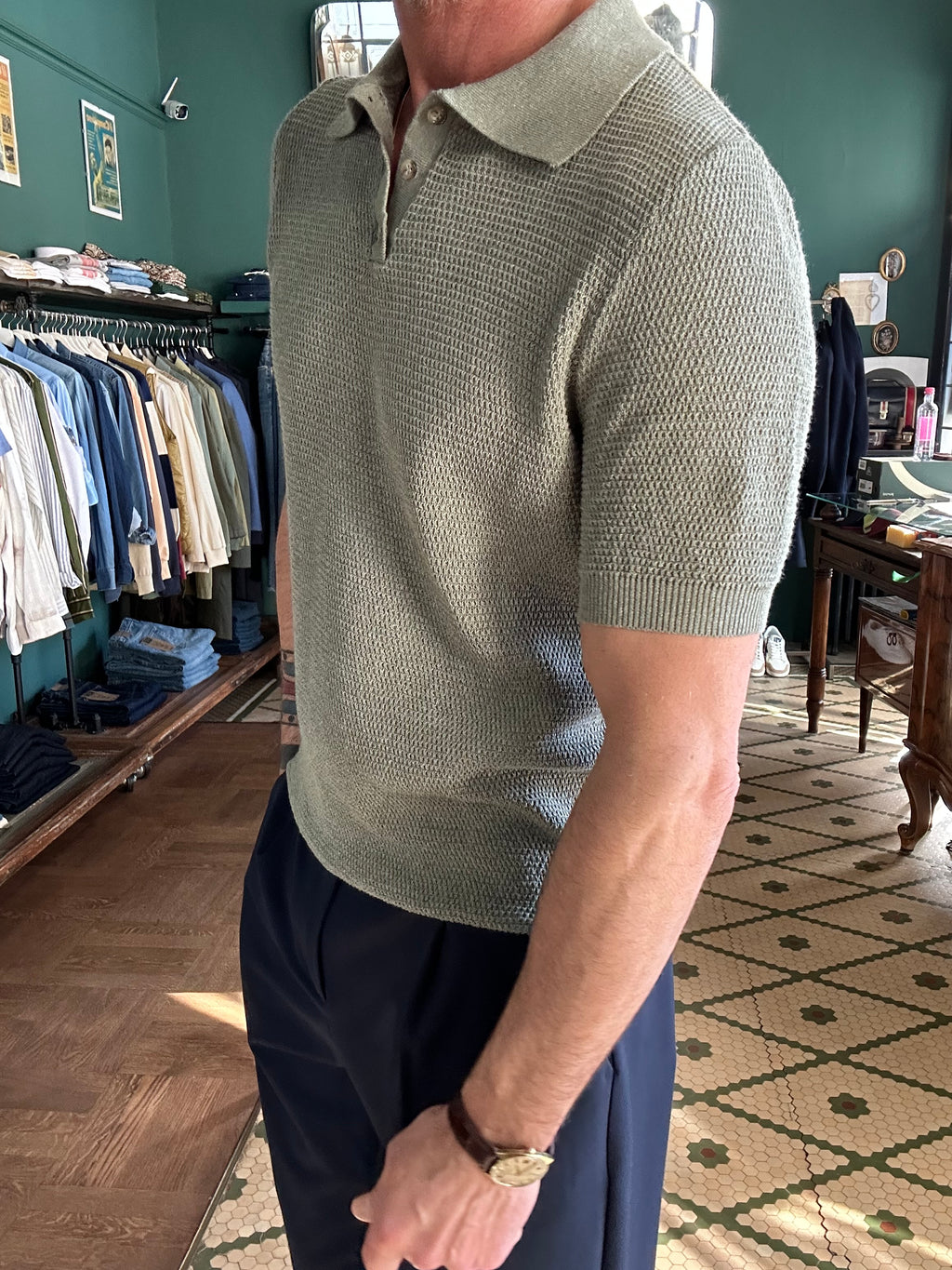 Piqué-effect knit polo shirt