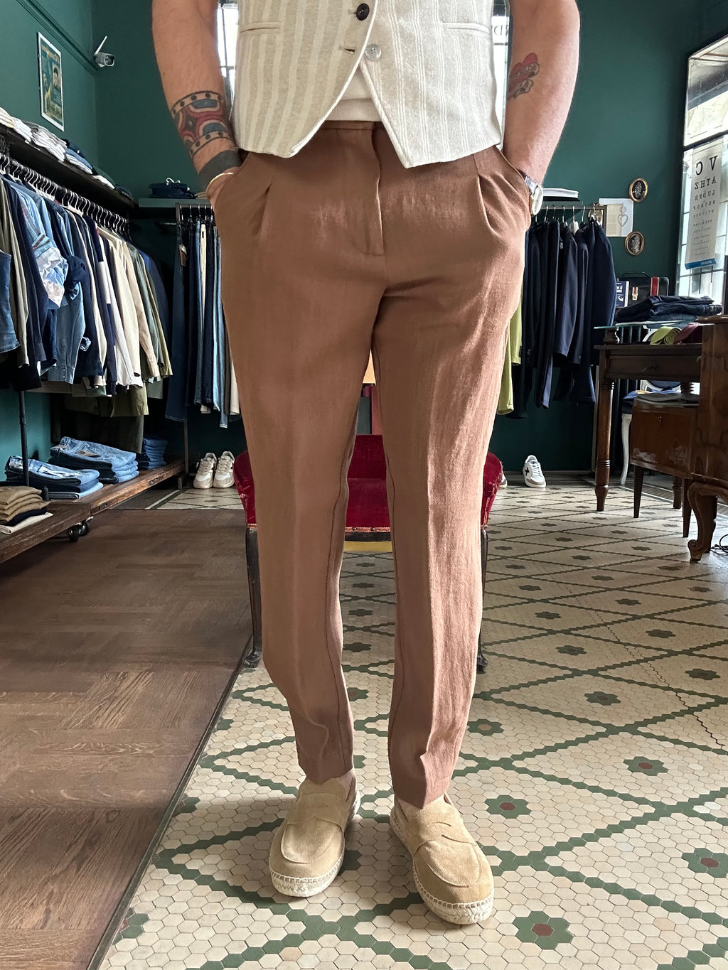 Pegaso trousers with linen-effect pleats