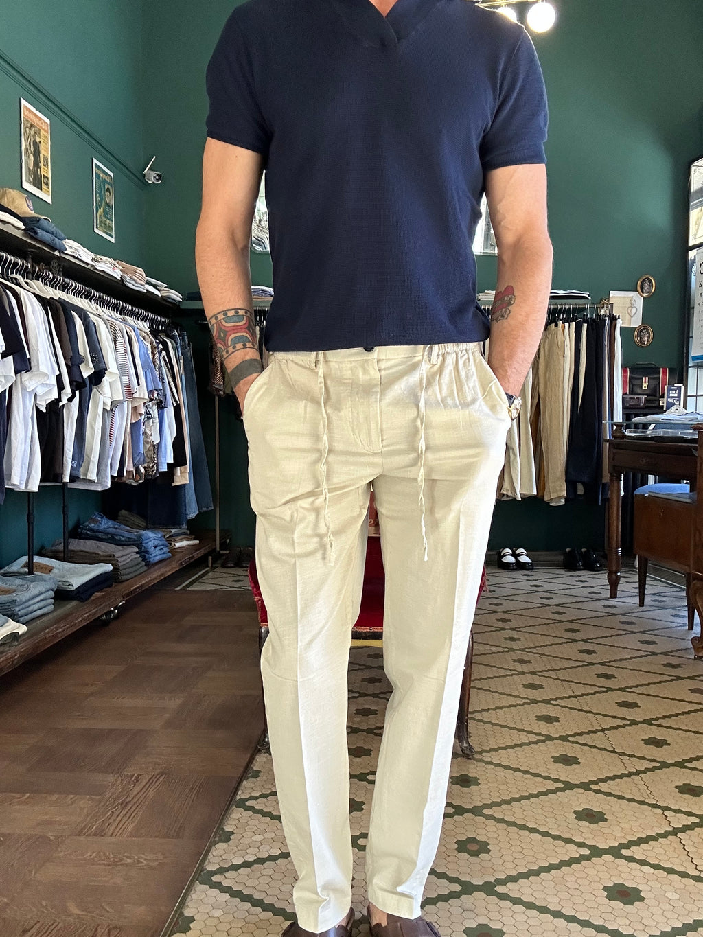 Pantalone lino cotone con coulisse