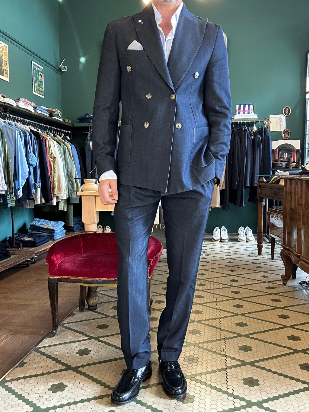 Double-breasted denim suit