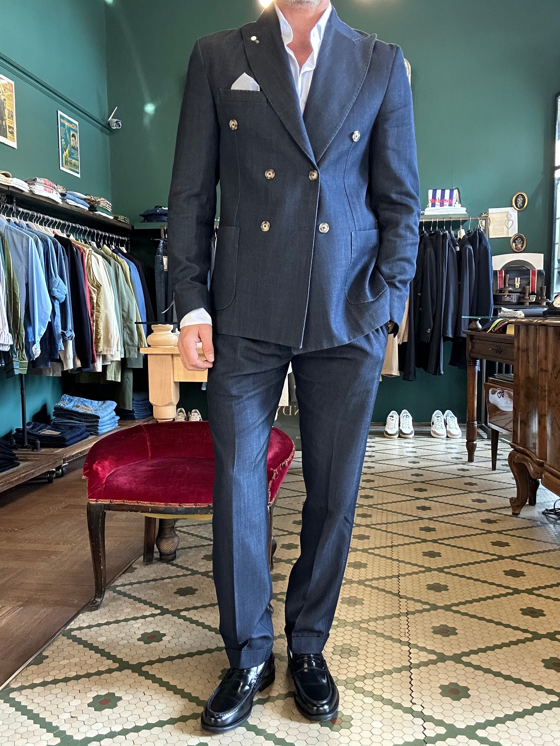 Double-breasted denim suit