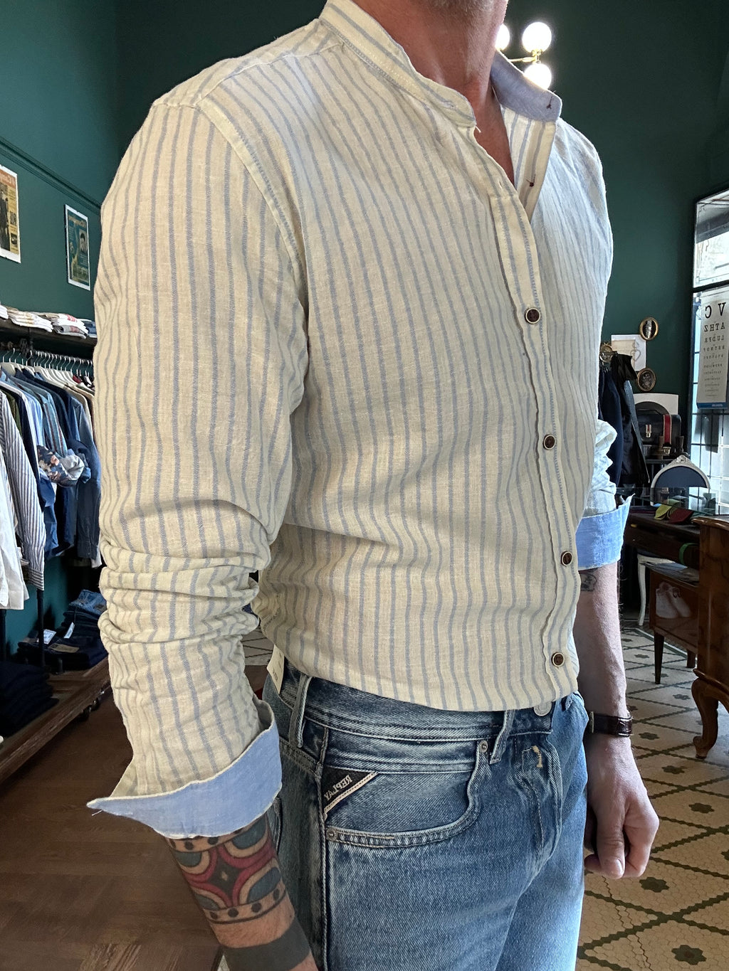 Striped linen blend Korean collar shirt