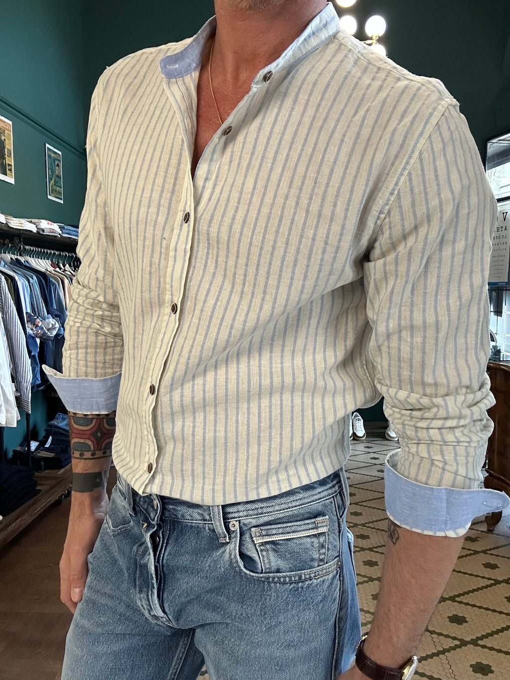 Striped linen blend Korean collar shirt
