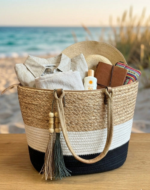 Braided straw beach bag