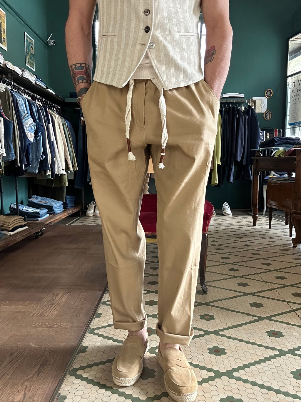 Pantalaccio koon in misto lino beige Made in Italy