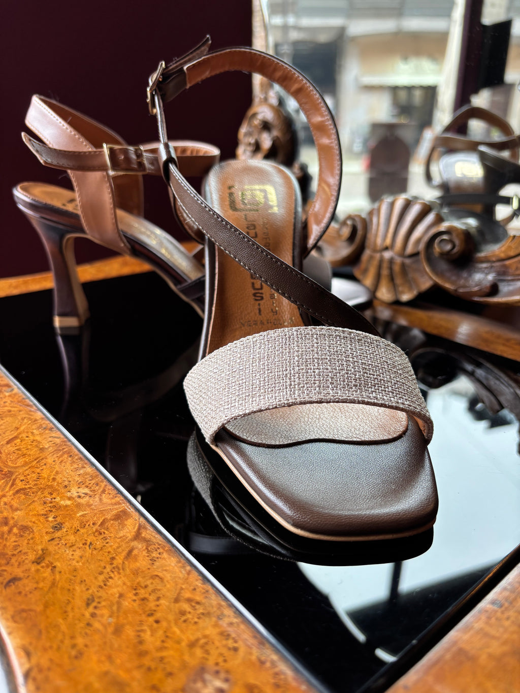 Leather and linen heeled sandal