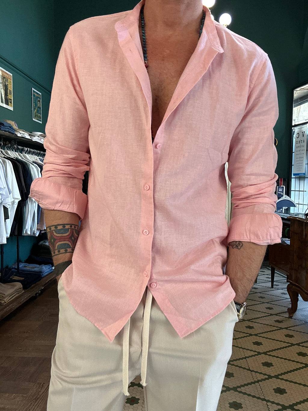 Camicia 100% lino collo coreano