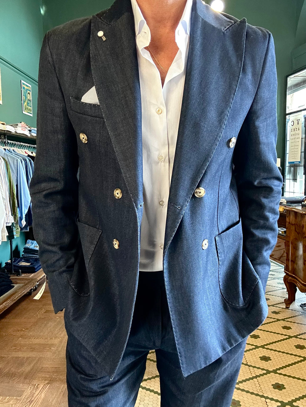 Double-breasted denim suit