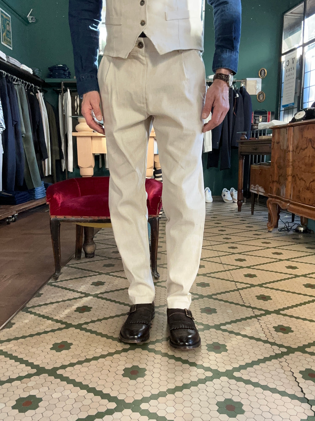 Pantaloni misto lino tessuto fiammato