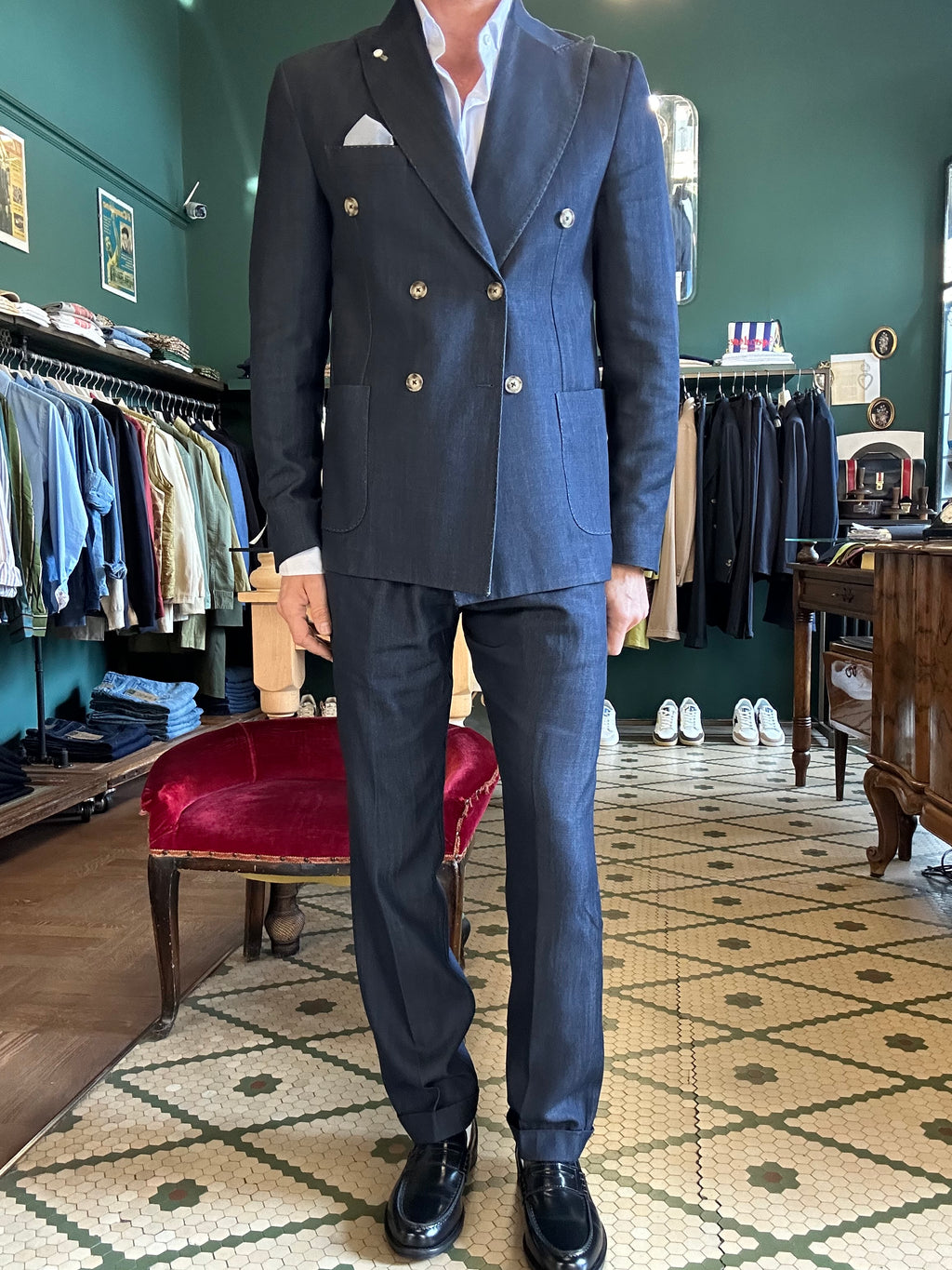 Double-breasted denim suit