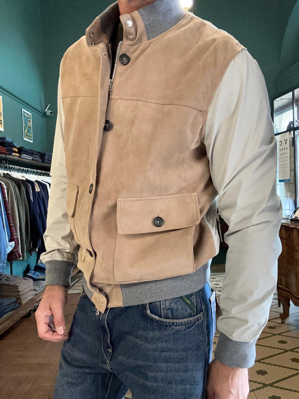 Giubbino The Jack Leather in pelle con maniche nylon beige