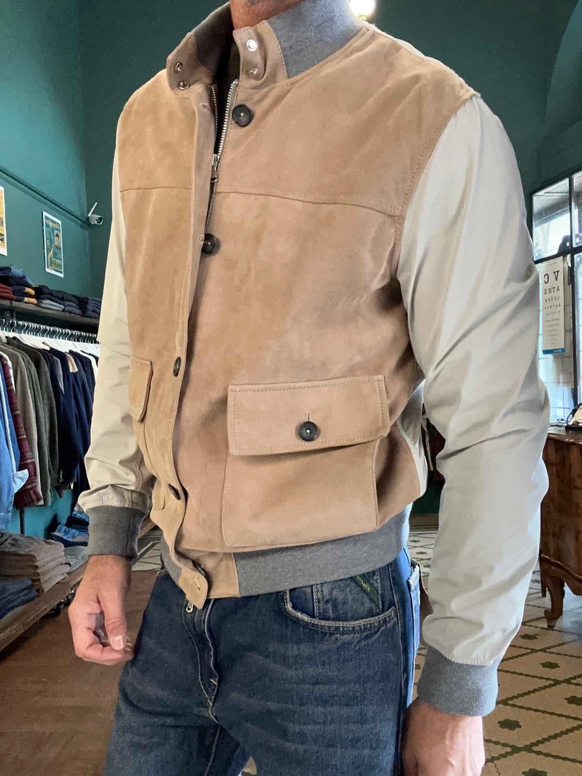 Giubbino The Jack Leather in pelle con maniche nylon beige