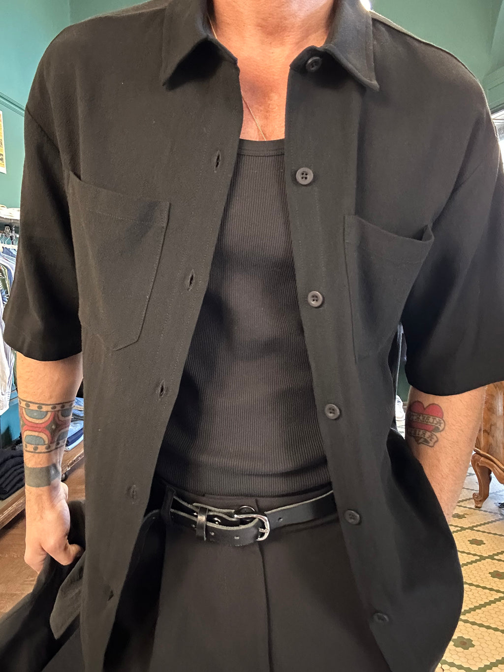 Oversized short-sleeve linen blend shirt