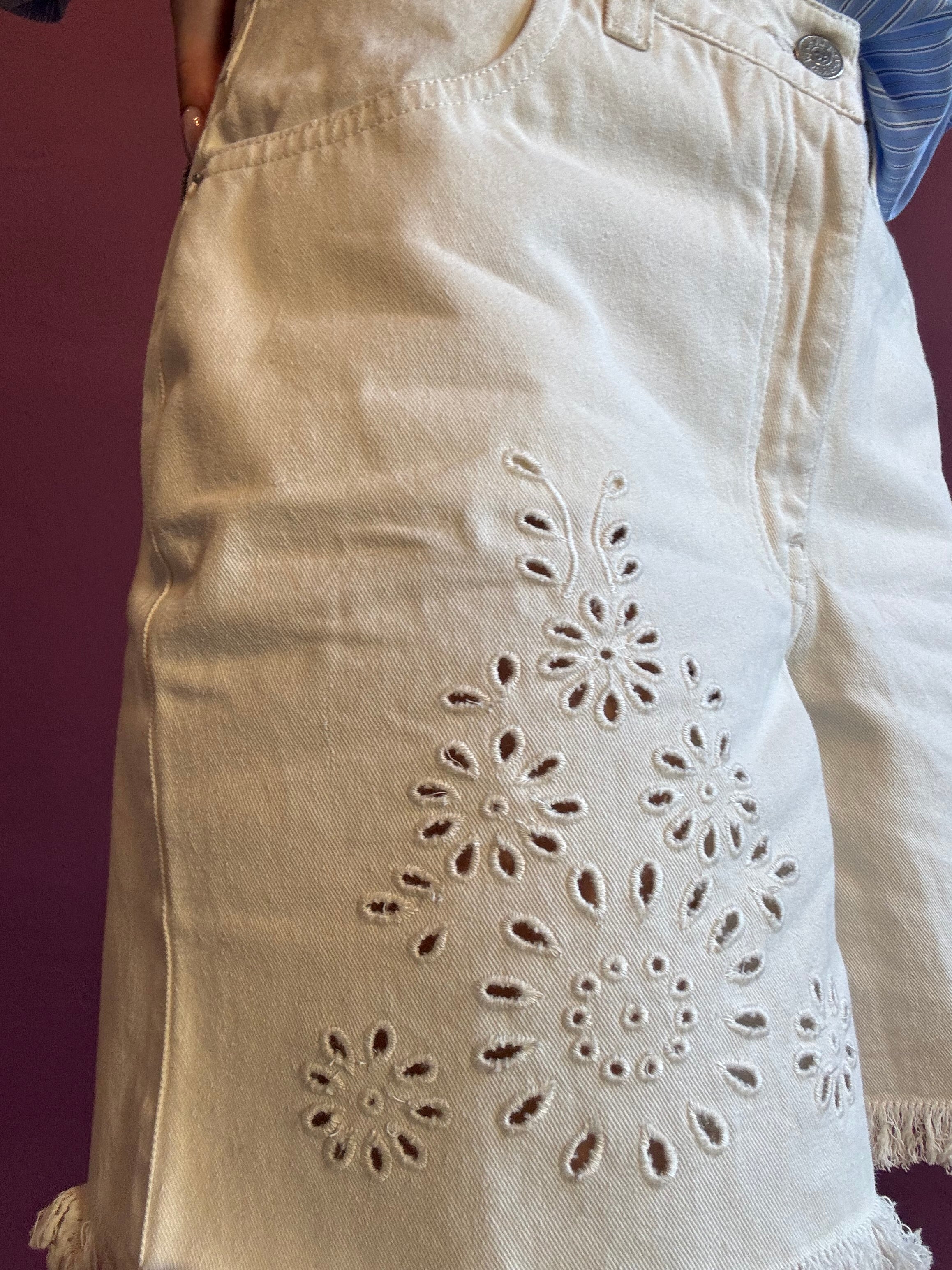 Denim shorts with broderie anglaise embroidery