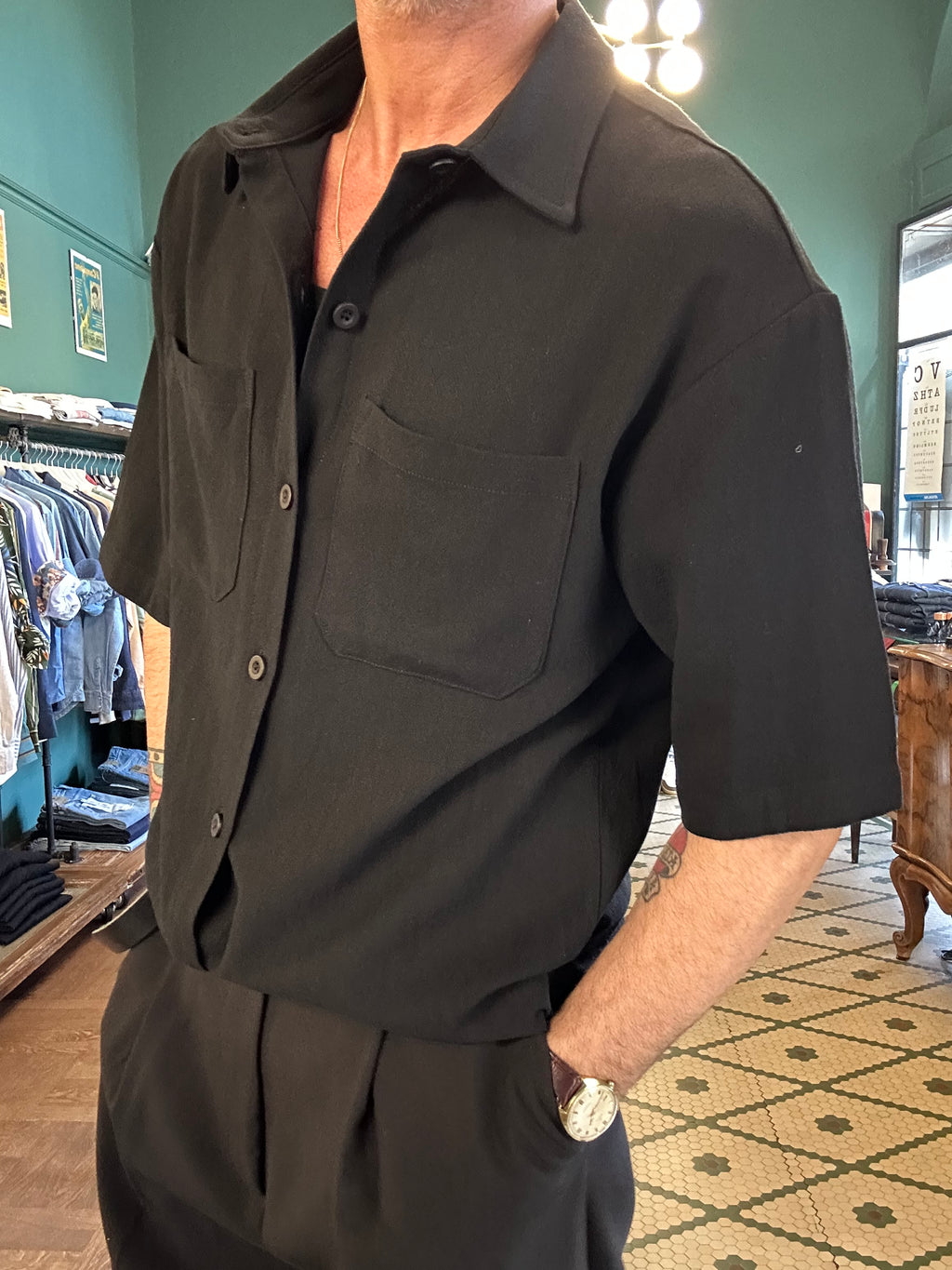 Oversized short-sleeve linen blend shirt