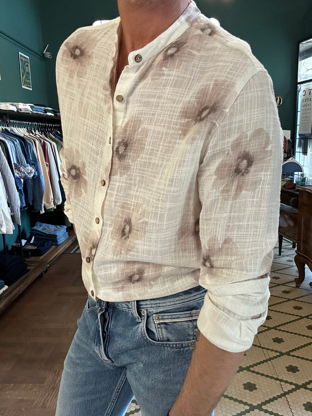 Patterned Korean collar shirt in brushed cotton