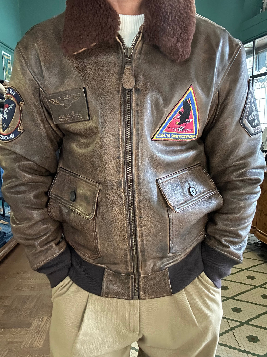 TOP GUN® VINTAGE PREMIUM "TOP HOOK" LEATHER JACKET WITH REMOVABLE MOUTON COLLAR