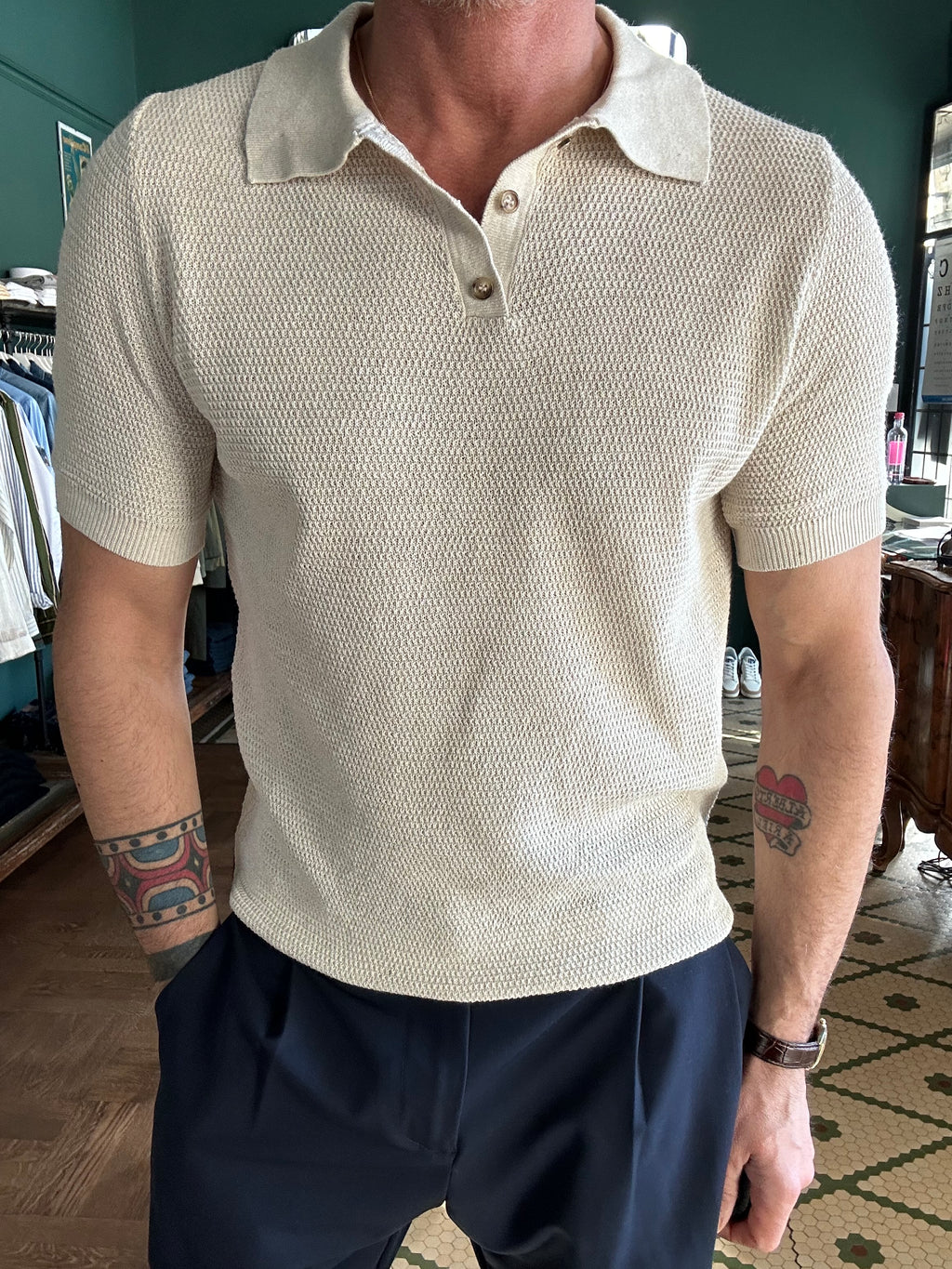 Piqué-effect knit polo shirt