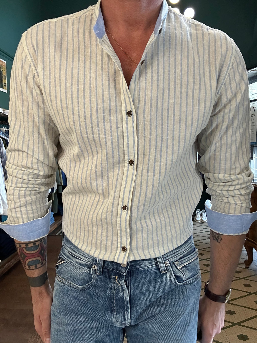 Striped linen blend Korean collar shirt