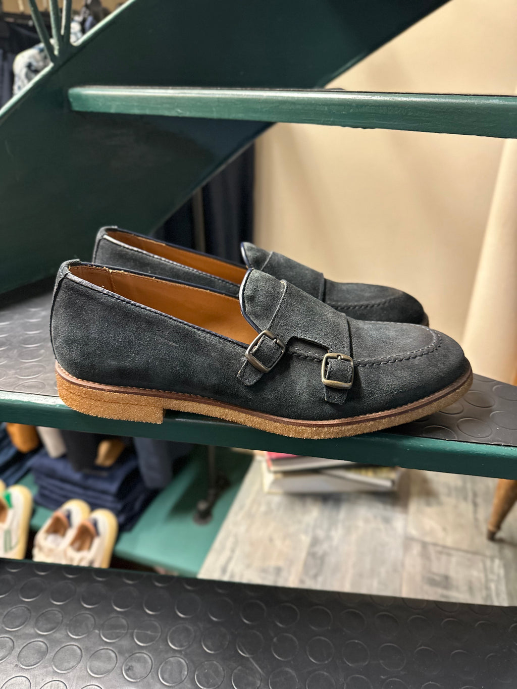 Blue suede loafer with double buckle and Rubex sole