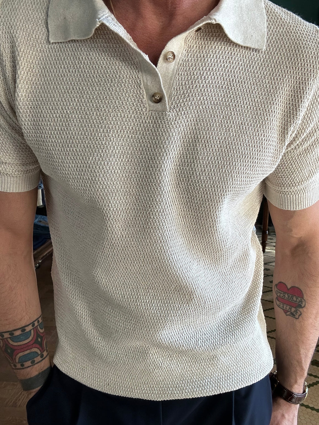 Piqué-effect knit polo shirt