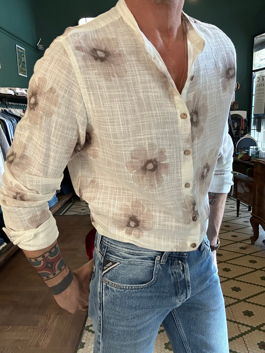 Patterned Korean collar shirt in brushed cotton