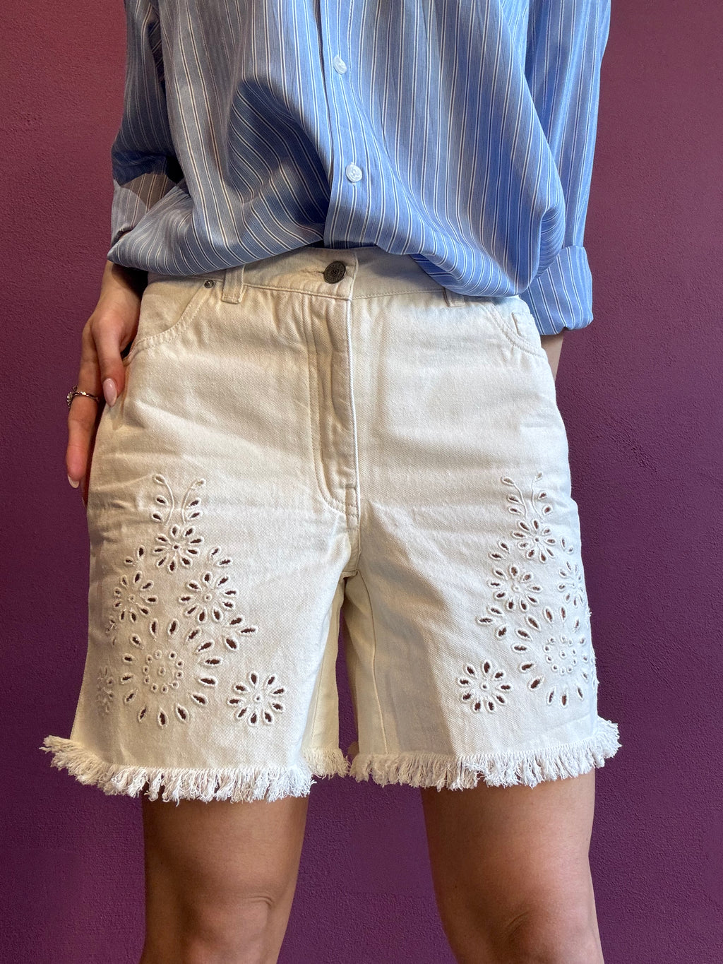 Denim shorts with broderie anglaise embroidery