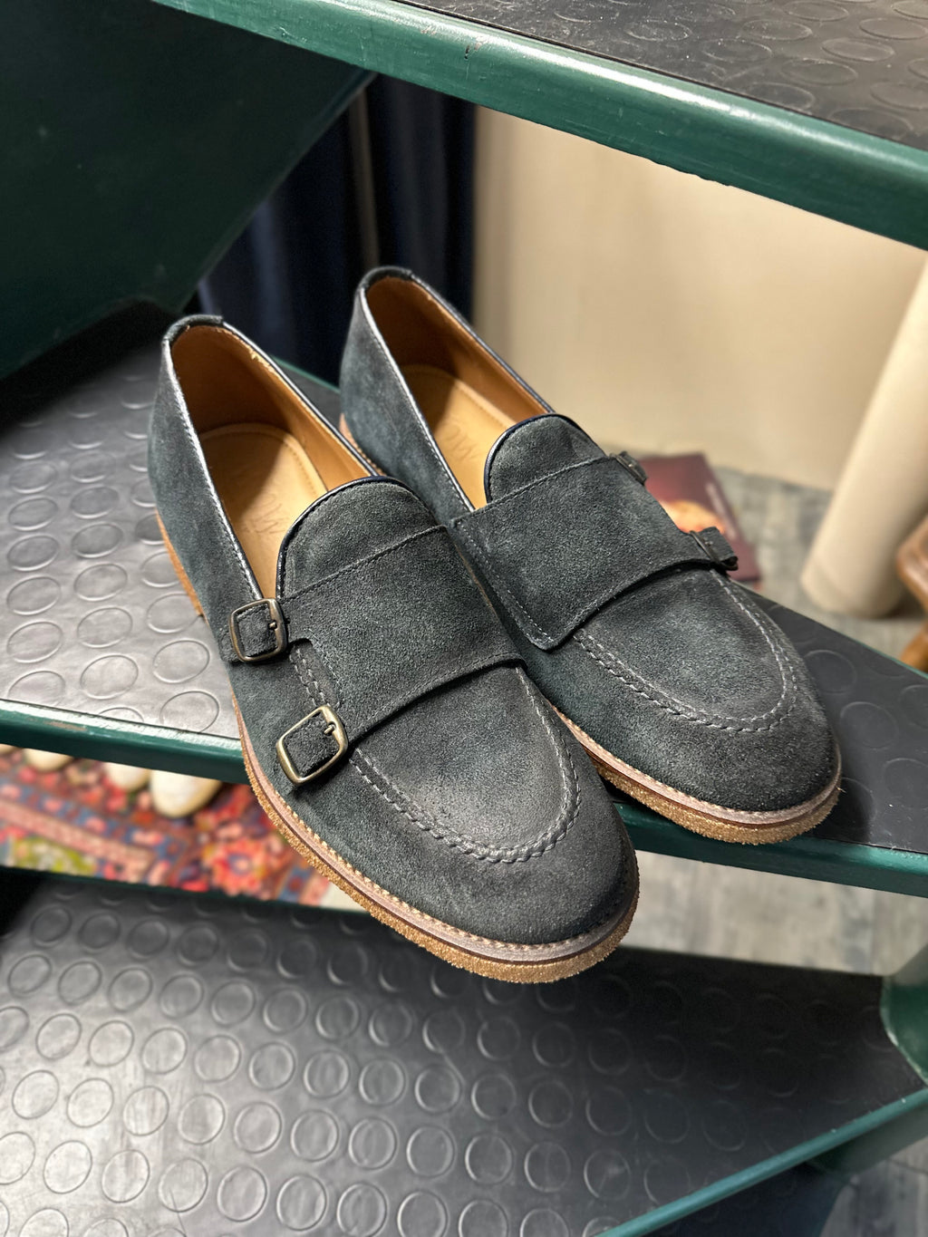 Blue suede loafer with double buckle and Rubex sole