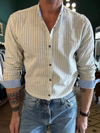 Striped linen blend Korean collar shirt