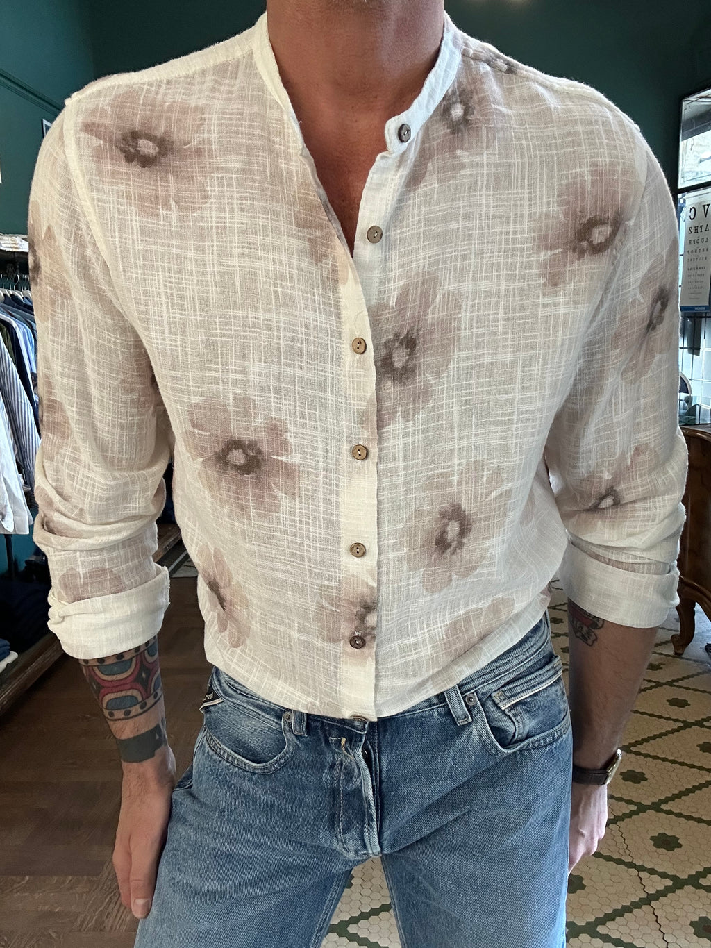 Patterned Korean collar shirt in brushed cotton