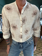 Patterned Korean collar shirt in brushed cotton