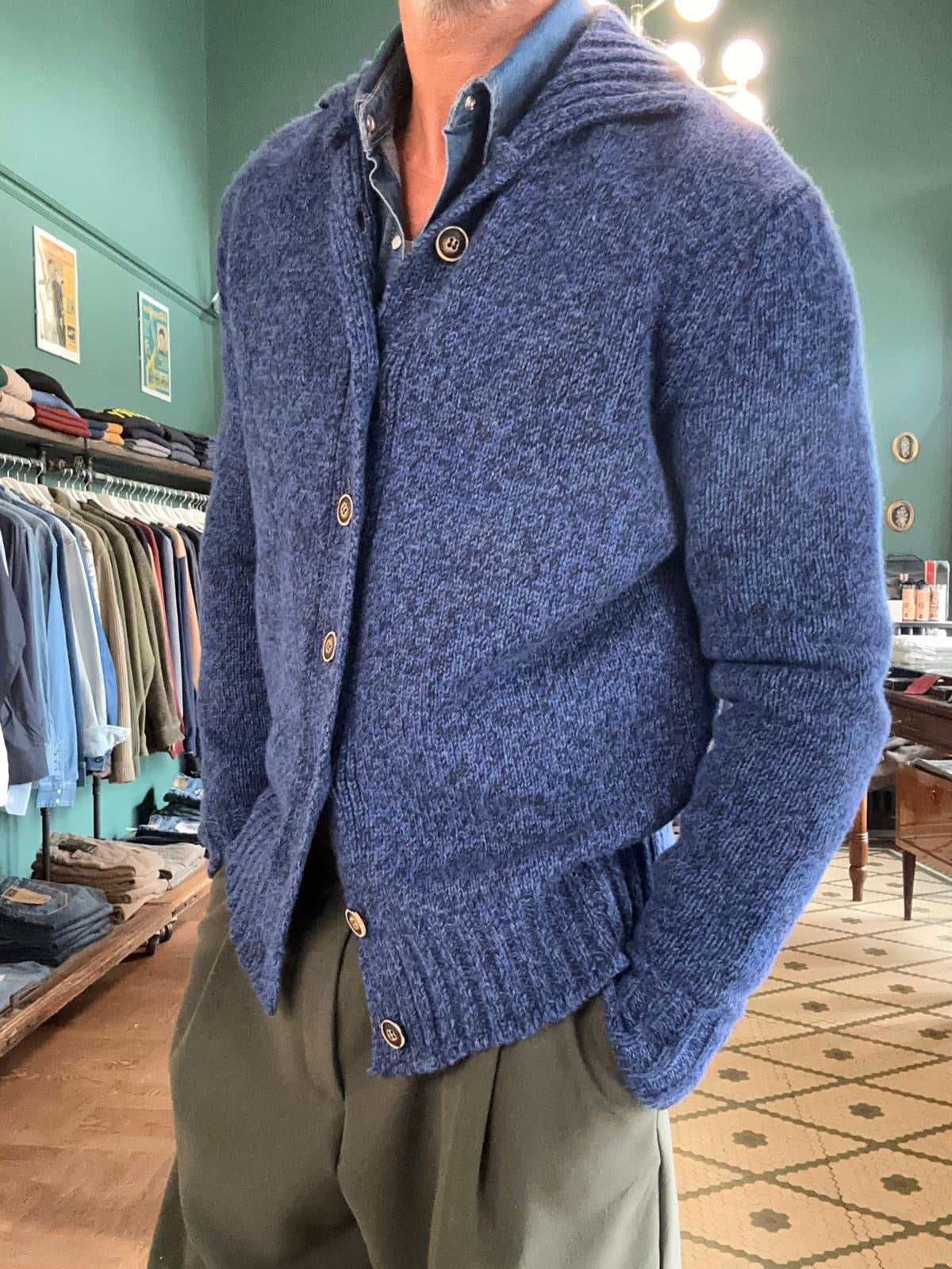Cardigan garry’s Earth blu in lana Merinos