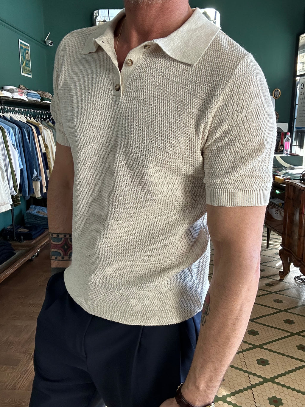 Piqué-effect knit polo shirt