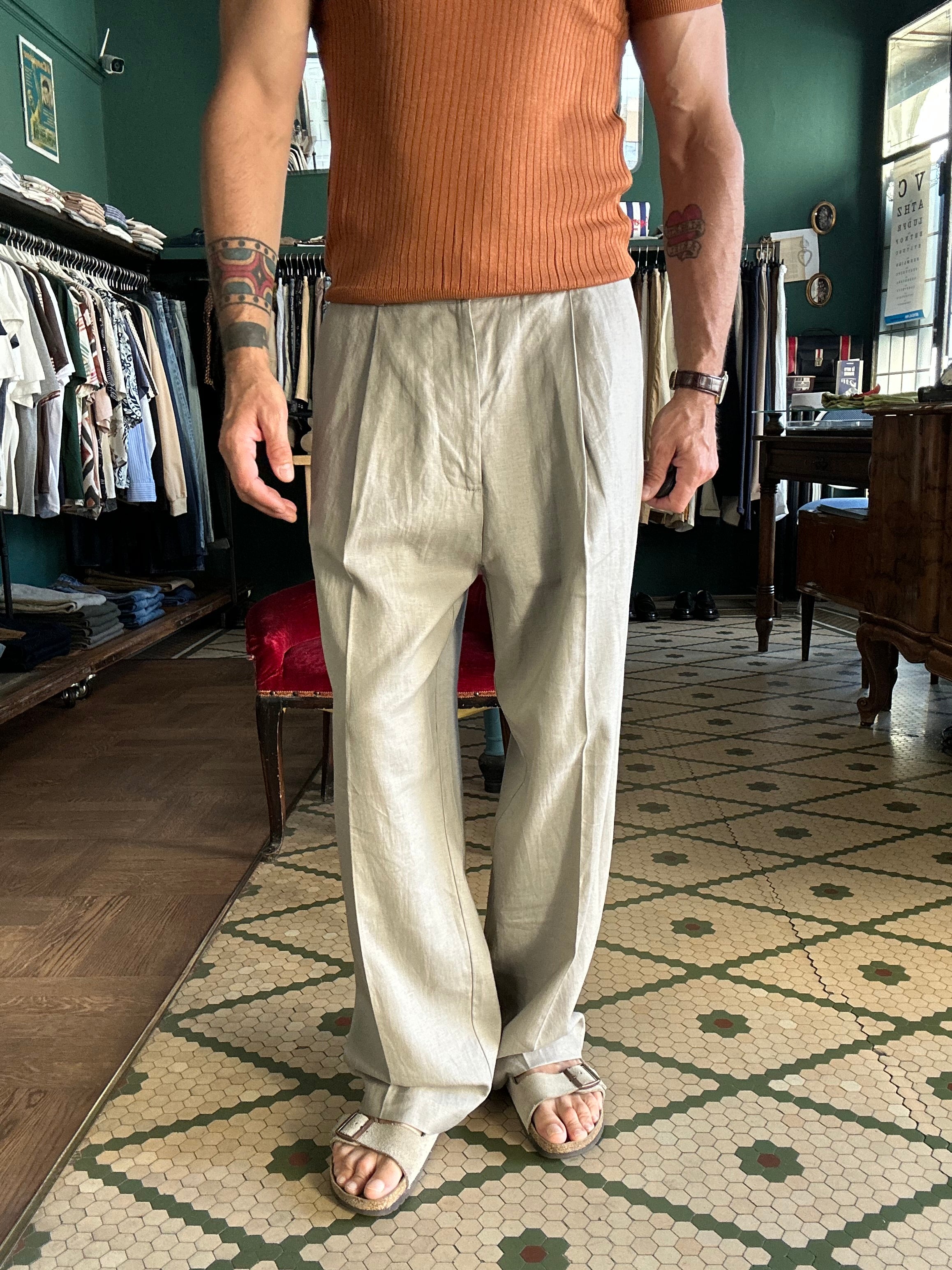 Pantalone loose fit con pence in misto Lino