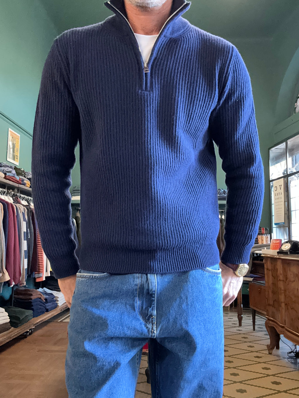 Maglione “Matteo” mezza zip a costa inglese