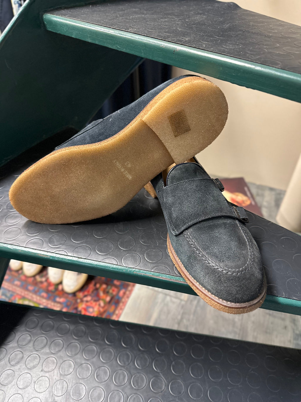 Blue suede loafer with double buckle and Rubex sole