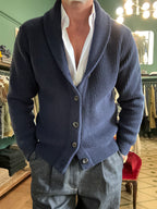 Cardigan sciallato in lana a coste