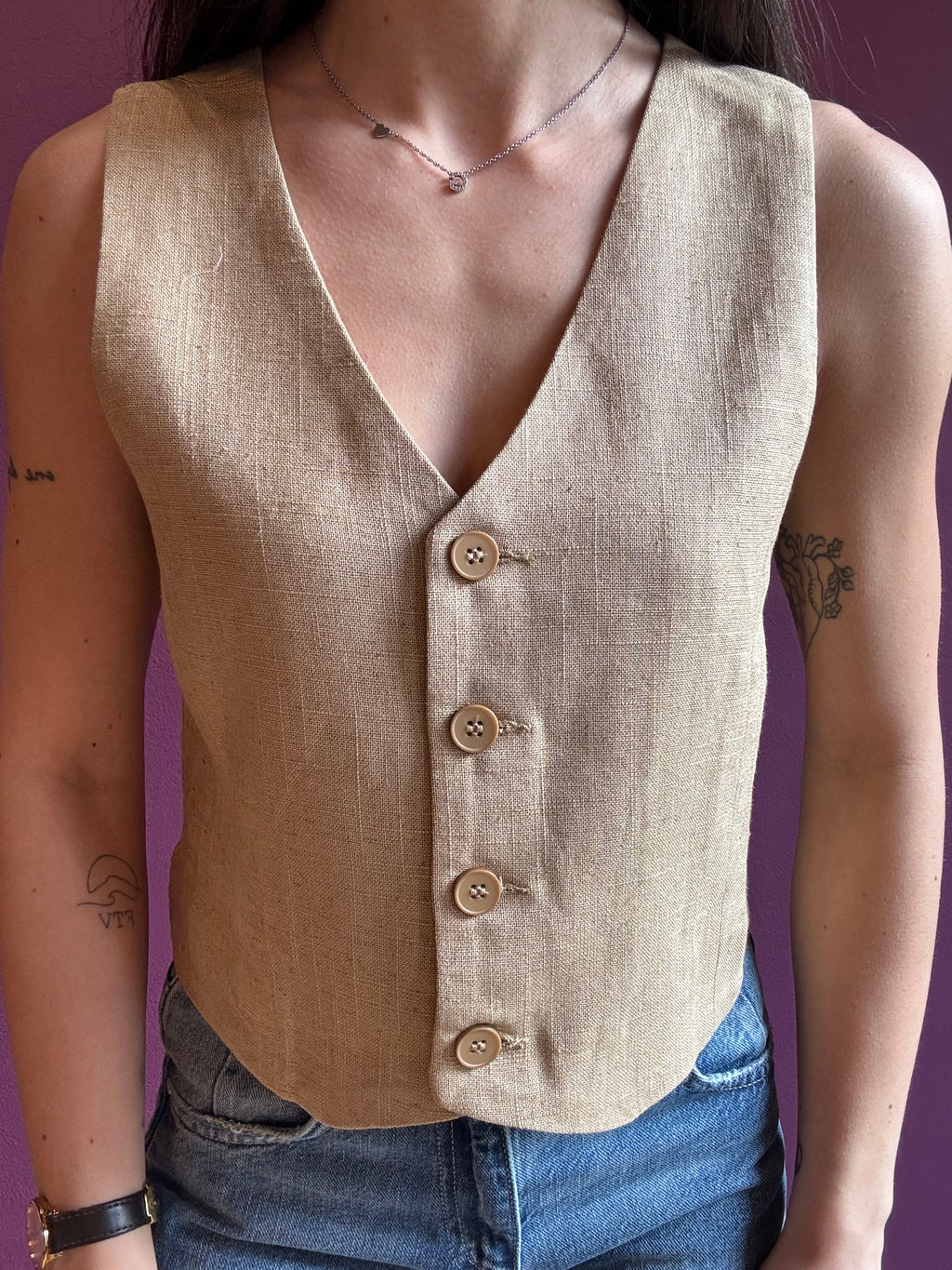 Gilet misto lino crop