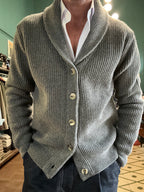 Cardigan sciallato in lana a coste