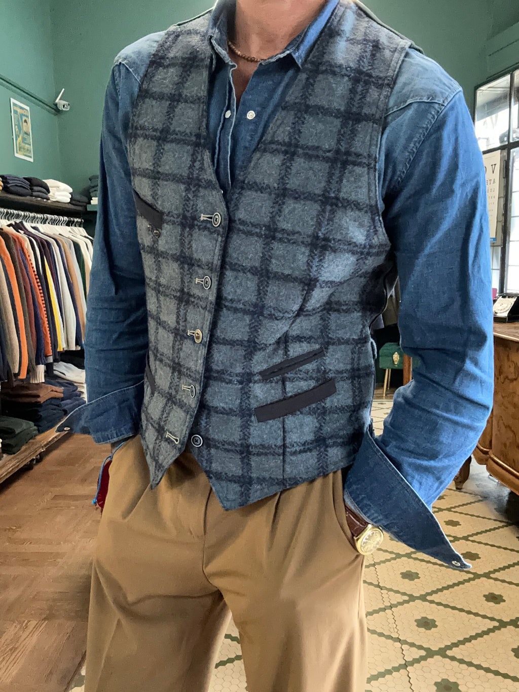 Gilet Garry’s earth in panno lana blu a quadri