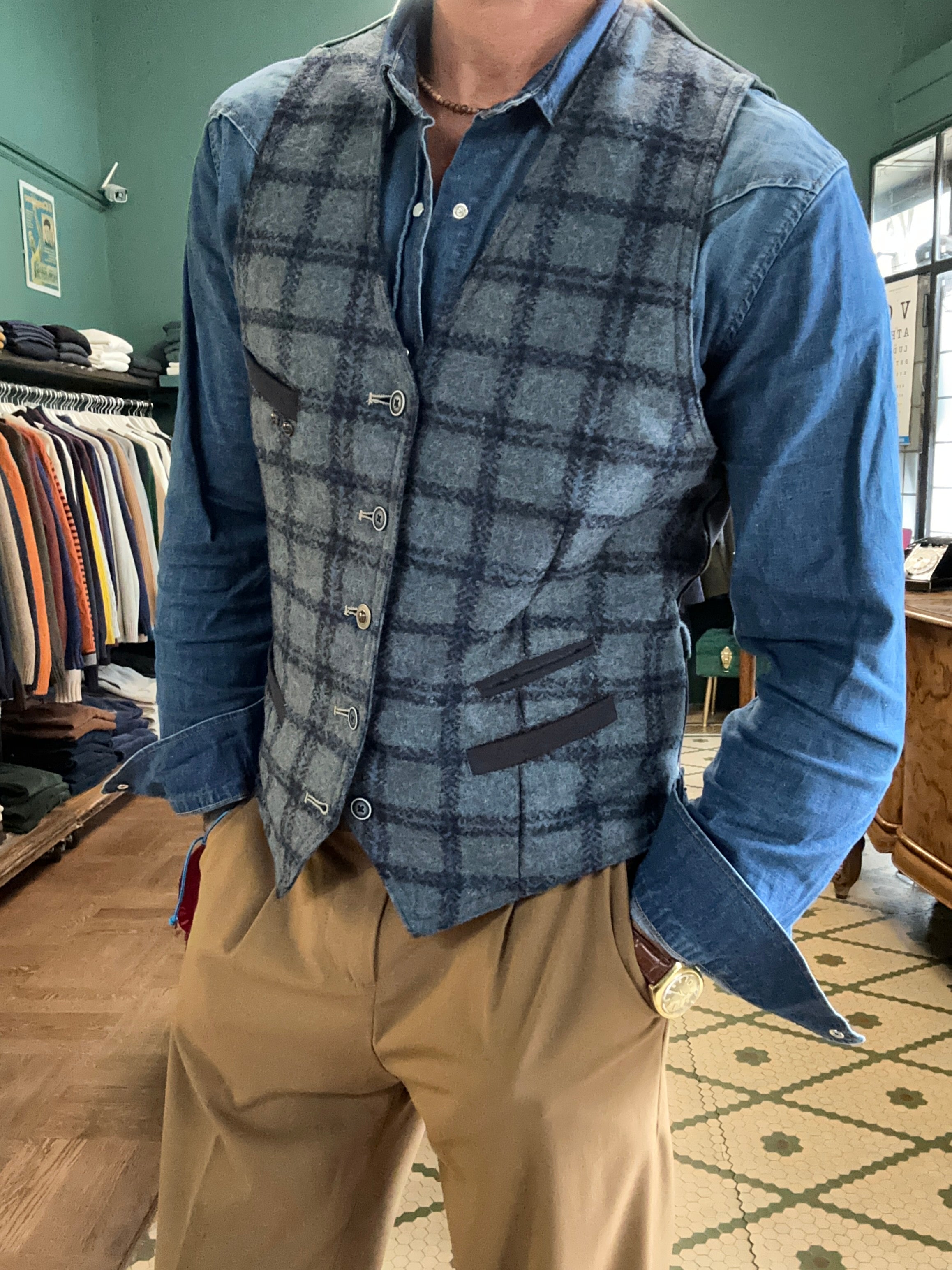 Gilet Garry’s earth in panno lana blu a quadri